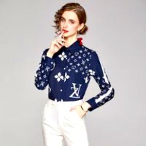 NWOT Diandian Didi navy blue white shirt